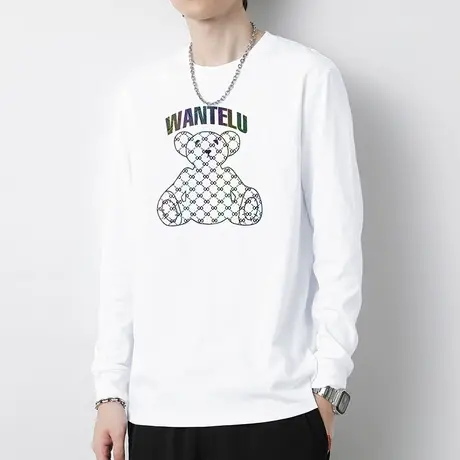 240G重磅纯棉t恤男士长袖宽松白色上衣服小熊内搭打底衫全棉体恤商品大图