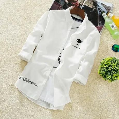 春夏青少年潮男学生七分袖衬衫长袖韩版修身中袖休闲棉质7白衬衣商品大图