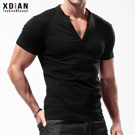 男士深v领修身短袖T恤纯棉纯色弹力紧身打底衫夏季小立领体恤上衣商品大图
