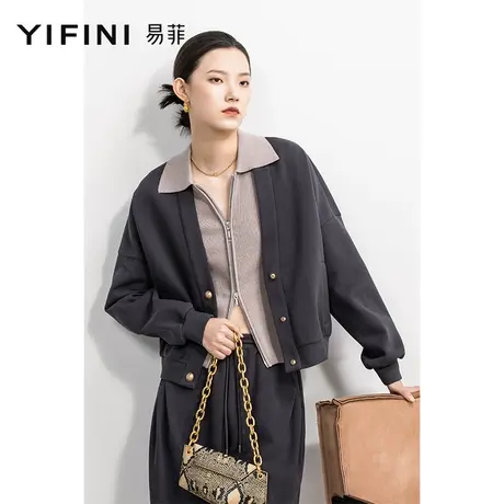Yifini/易菲V领宽松短款外套女春秋新款通勤百搭落肩长袖上衣商品大图
