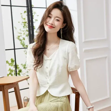 时尚复古盘扣短袖衬衫2023年夏季新款淑女温柔圆领显瘦通勤上衣商品大图