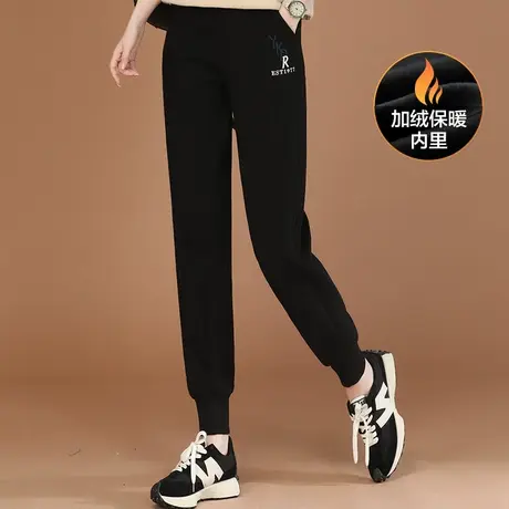 韩潮袭人刺绣松紧腰黑色加绒运动裤女冬季新款黑色休闲卫裤子图片