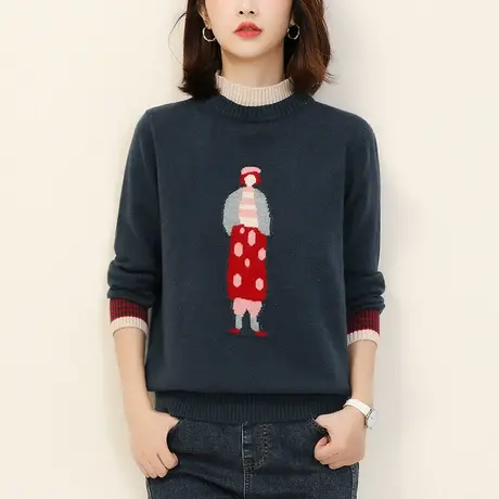 韩潮袭人假两件女孩提花套头毛衣女冬季新款宽松打底针织衫厚图片