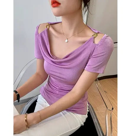 性感露肩一字领上衣女2024夏季新款气质百搭T恤短袖设计感小衫潮图片