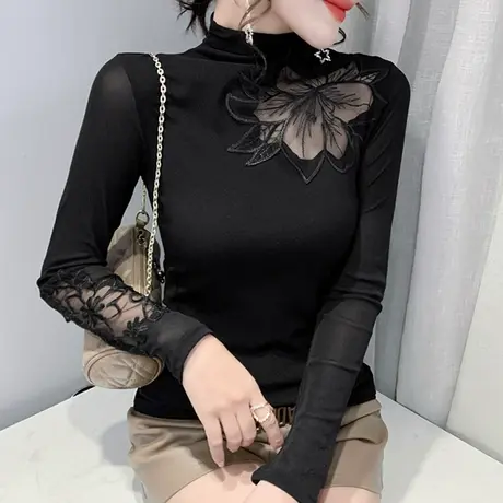 性感镂空网纱T恤女长袖欧货加绒半高领打底衫内搭显瘦气质上衣ins图片