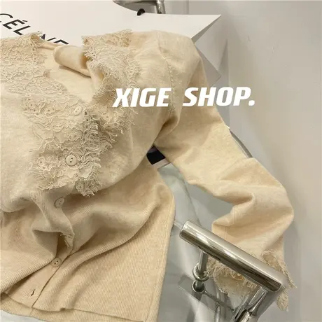 2023春秋新款韩版宽松纯欲风蕾丝拼接针织衫女套头小个子气质上衣商品大图