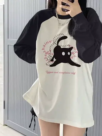 秋冬2023新款纯棉插肩长袖t恤女宽松撞色时尚设计感内搭打底上衣商品大图