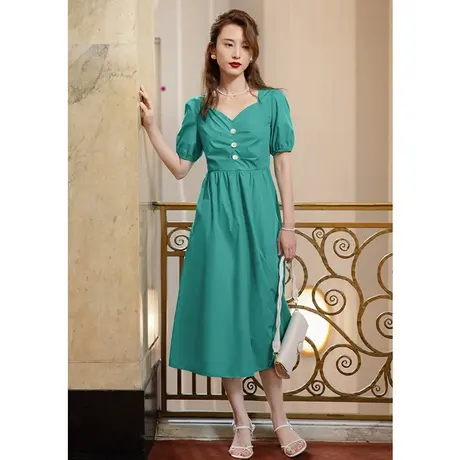 弥古法式泡泡袖绿色连衣裙女夏高级感短袖沙滩裙海边度假三亚裙子商品大图