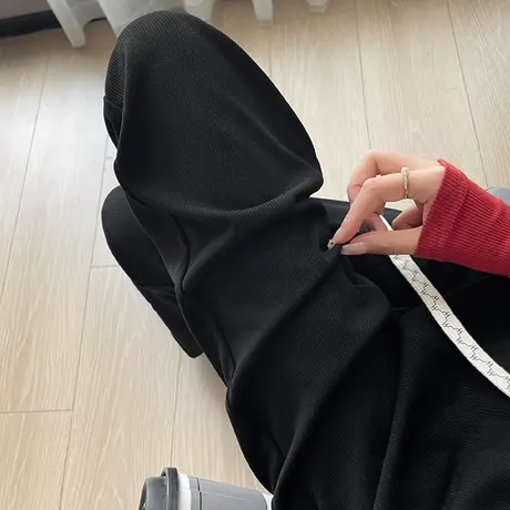 黑色窄版阔腿裤女2023春秋新款高腰垂感针织松紧腰休闲直筒拖地裤商品大图