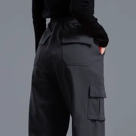 黑色束脚工装裤女2024新款九分运动加绒女裤小个子裤子休闲冲锋裤商品大图