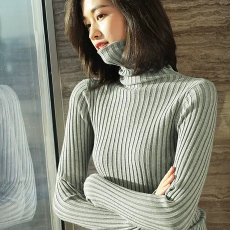 雀后高领毛衣针织衫女秋装新款慵懒风修身堆堆领内搭显瘦保暖打底商品大图