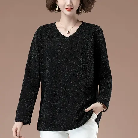 春秋加肥加大码长袖t恤女宽松中年妈妈休闲百搭遮肚显瘦V领打底衫商品大图