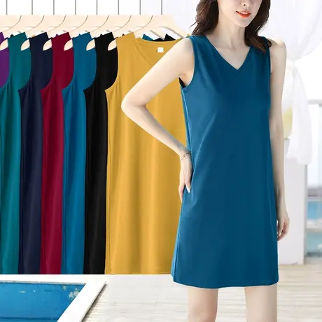 螺纹胖mm大码连衣裙显瘦v领无袖直筒背心中长款打底裙夏简约通勤图片