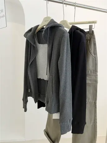 韩版复古竖纹理坑条连帽开衫卫衣女修身显瘦时髦休闲拉链外套秋季商品大图