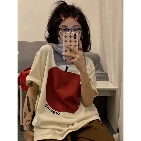 美式圆领t恤女正肩纯棉大码oversize短袖ins潮复古宽松设计感上衣商品大图