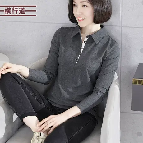 2025春装带领衬衫有领t恤长袖女装上衣服翻领外穿黑色打底职业装商品大图