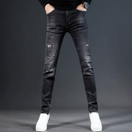 破洞牛仔裤男款秋冬新款黑灰色潮流印花烫钻修身小脚弹力时尚裤子商品大图