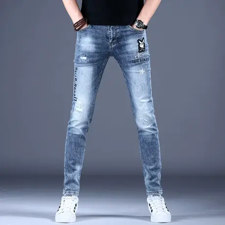 男士刺绣印花牛仔裤男款修身小脚秋冬潮流2023新款弹力潮牌裤子男图片