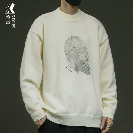 希越重磅820g印花毛衣男冬季加厚保暖打底衫宽松大码男士针织毛衫商品大图