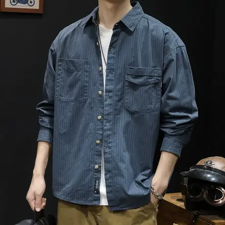 春季2024新款衬衫男潮牌条纹美式男士休闲工装外套衬衣春秋款男装商品大图