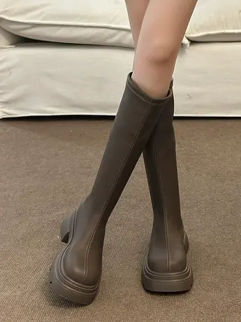 欧美厚底爆款长筒靴女不过膝骑士靴2023年秋冬新款粗跟弹力瘦瘦靴图片
