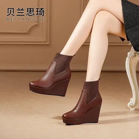 真皮舒适厚底坡跟短靴女2023秋冬季圆头棕色防水台高跟瘦瘦靴子图片