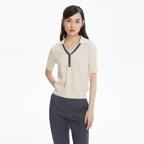 LANCY/朗姿POLO针织T恤撞色设计感夏季新款宽松短款商场同款奥莱商品大图