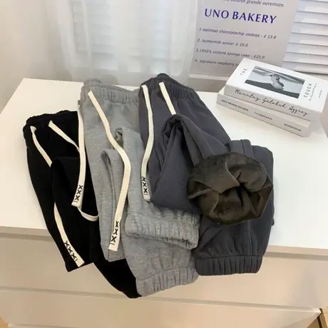 高腰抽绳阔腿九分裤女韩版宽松bf原宿风秋冬加绒加厚休闲运动裤图片