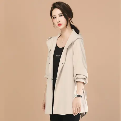 新品85折】绑带连帽中长款风衣外套女士2024春新款宽松小个子大衣商品大图