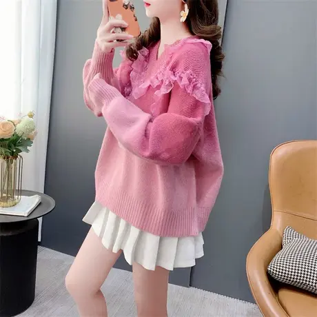 设计感渐变蕾丝花边V领毛衣女套头2023新款秋冬洋气减龄打底上衣商品大图