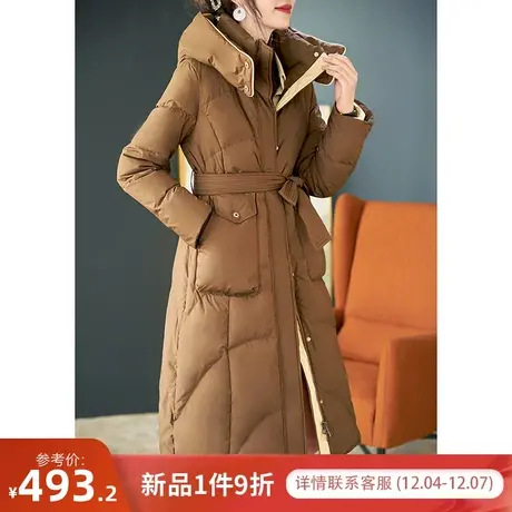 宝诗黎连帽长款腰带90白鸭绒羽绒服2023冬季新款过膝大衣韩版外套商品大图