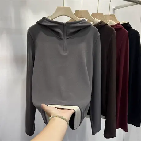 半拉链加厚磨毛德绒假两件连帽卫衣女秋冬拼接设计感小众上衣帽衫图片