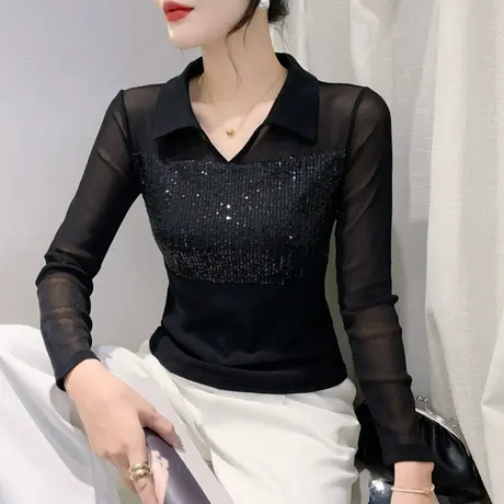 性感网纱拼接T恤女长袖春秋装重工亮片设计感上衣洋气POLO领小衫商品大图