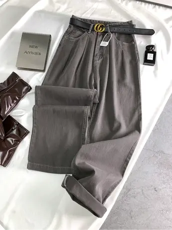 韩版折线褶皱牛仔阔腿裤女2023冬季新款显瘦百搭高腰宽松直筒长裤商品大图