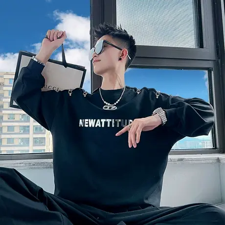 痞帅印花卫衣男春秋季重磅潮牌ins长袖T恤个性发型师打底上衣外套图片