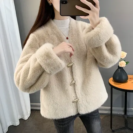 仿水貂绒牛角扣皮毛一体加厚短外套女秋冬2023年新款小个子女上衣商品大图