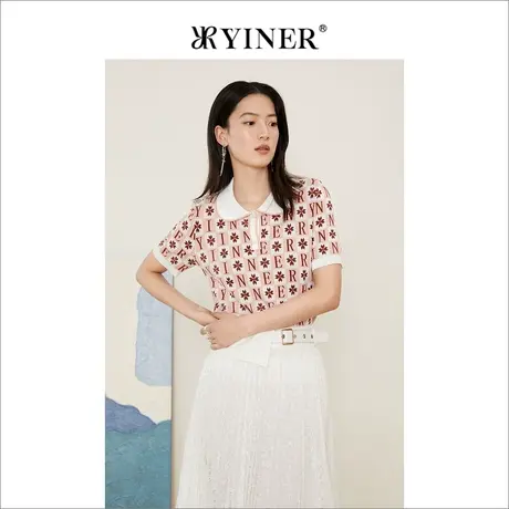 YINER音儿线上专选女装2022夏季撞色字母印花娃娃领针织衫商品大图