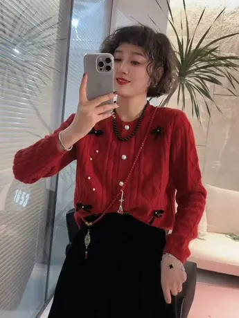 法式精致小众立体蝴蝶结装饰圆领针织衫早春设计感名媛风上衣女潮商品大图