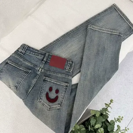 韩系浅蓝色笑脸刺绣直筒牛仔裤女早春季宽松拖地高腰窄版阔腿裤潮商品大图