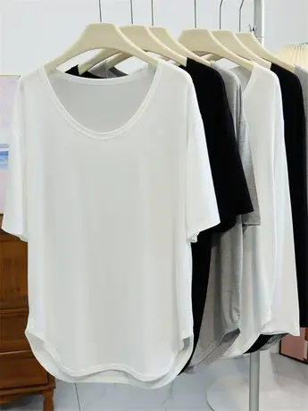 大圆领中长款莫代尔圆弧下摆T恤女春夏新款显瘦遮屁股宽松上衣潮图片