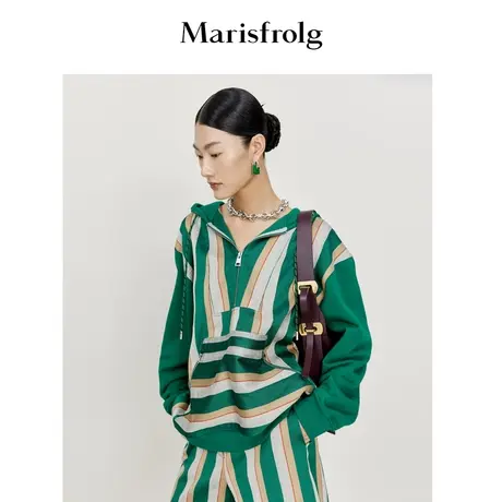 【纯棉】玛丝菲尔春季新款绿色条纹连帽卫衣休闲款商品大图