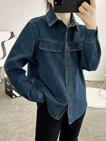 2024春季新款休闲复古蓝色牛仔衬衫女长袖上衣韩版宽松叠穿衬衣潮商品大图