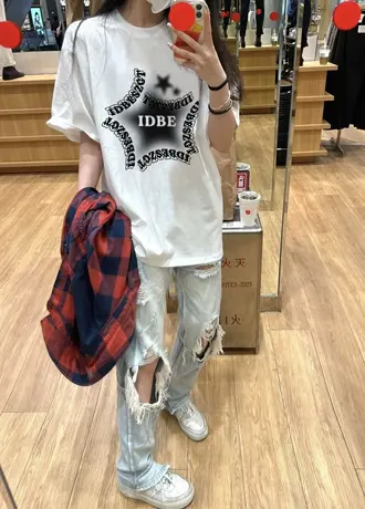 纯棉白色短袖t恤女夏季小众设计感圆领宽松休闲美式复古半袖上衣商品大图