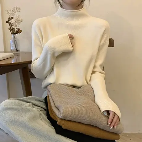 半高领打底衫女秋冬季内搭高级感宽松长袖t恤加厚保暖针织衫上衣图片