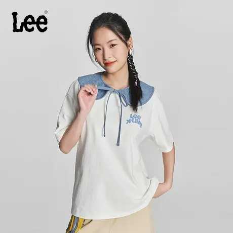 Lee24早春新品舒适版牛仔布娃娃领米白色女短袖T恤潮LWT0082373RX图片