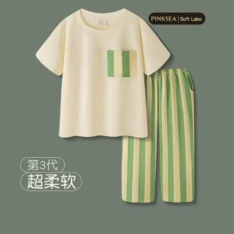睡衣女款春秋清新纯棉短袖条纹长裤套装2024新款夏季大码家居服商品大图