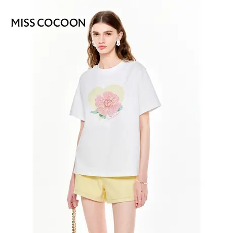 MISSCOCOON【花园度假】24春夏新款宽松垂感珠片绣花圆领短袖T恤商品大图