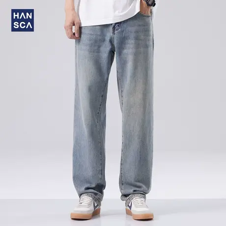 hansca泥染蓝男士牛仔裤春季新款痞帅美式高街休闲宽松直筒长裤子商品大图
