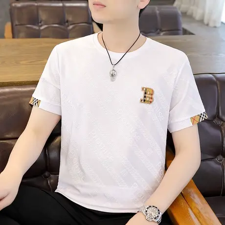 2023夏季新款男士冰丝短袖T恤加肥加大码薄款男装提花烫钻体恤衫商品大图