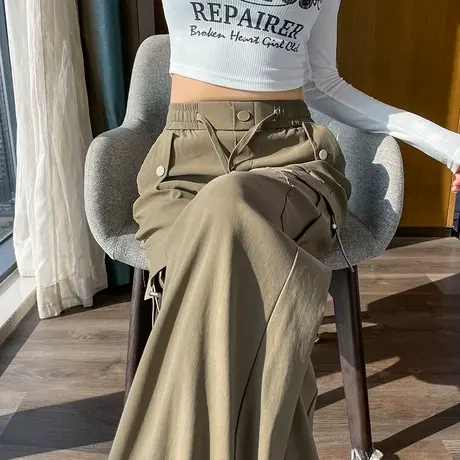 军绿色工装裤女2024新款春秋高腰美式登山小个子束脚百搭阔腿裤子商品大图